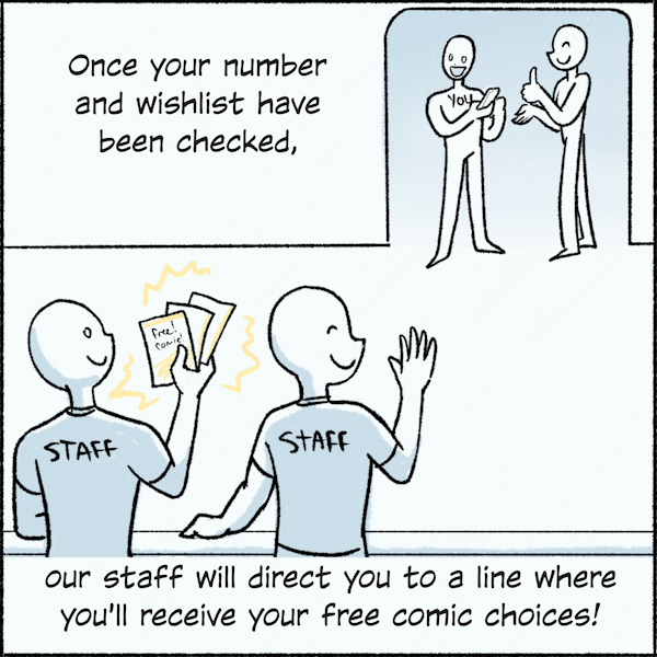 Once your number and wishlist have been checked, our staff will direct you to a line where you'll receive your free comic choices!